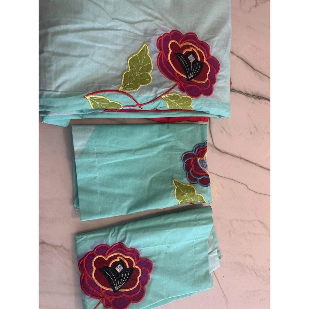 Handmade Indian Applique Cotton Bedspread 84x94 2 Pillowcases Floral Boho